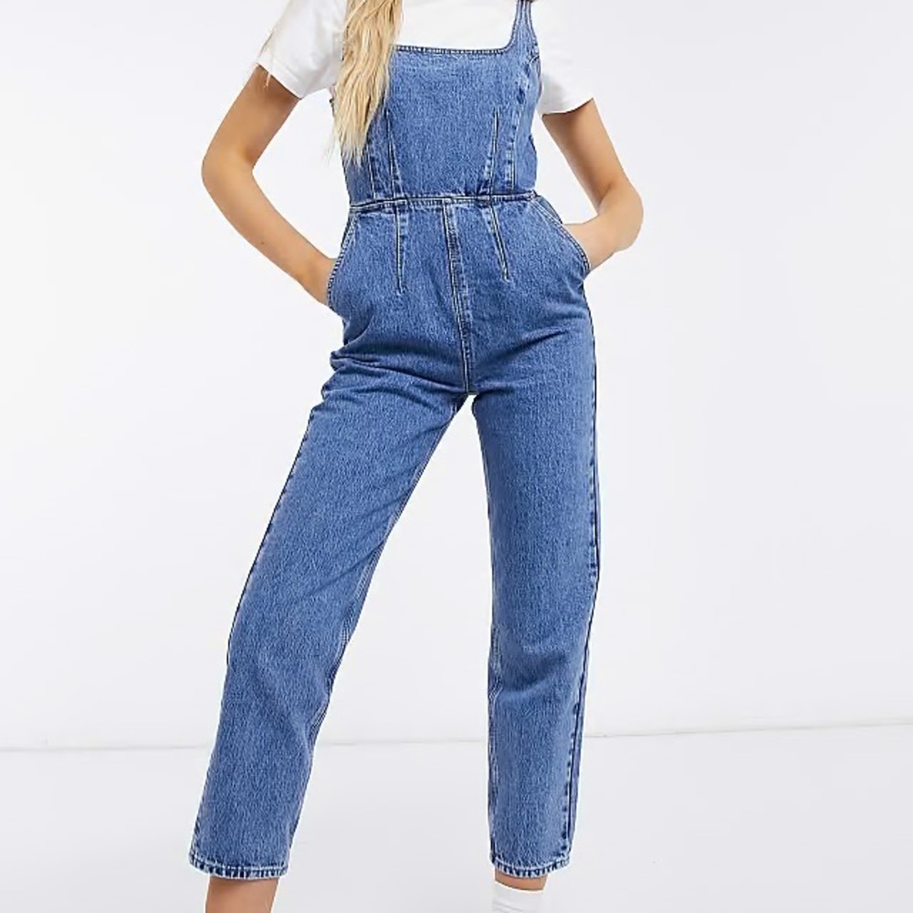 ASOS DESIGN denim square neck fitted overalls in midwash
